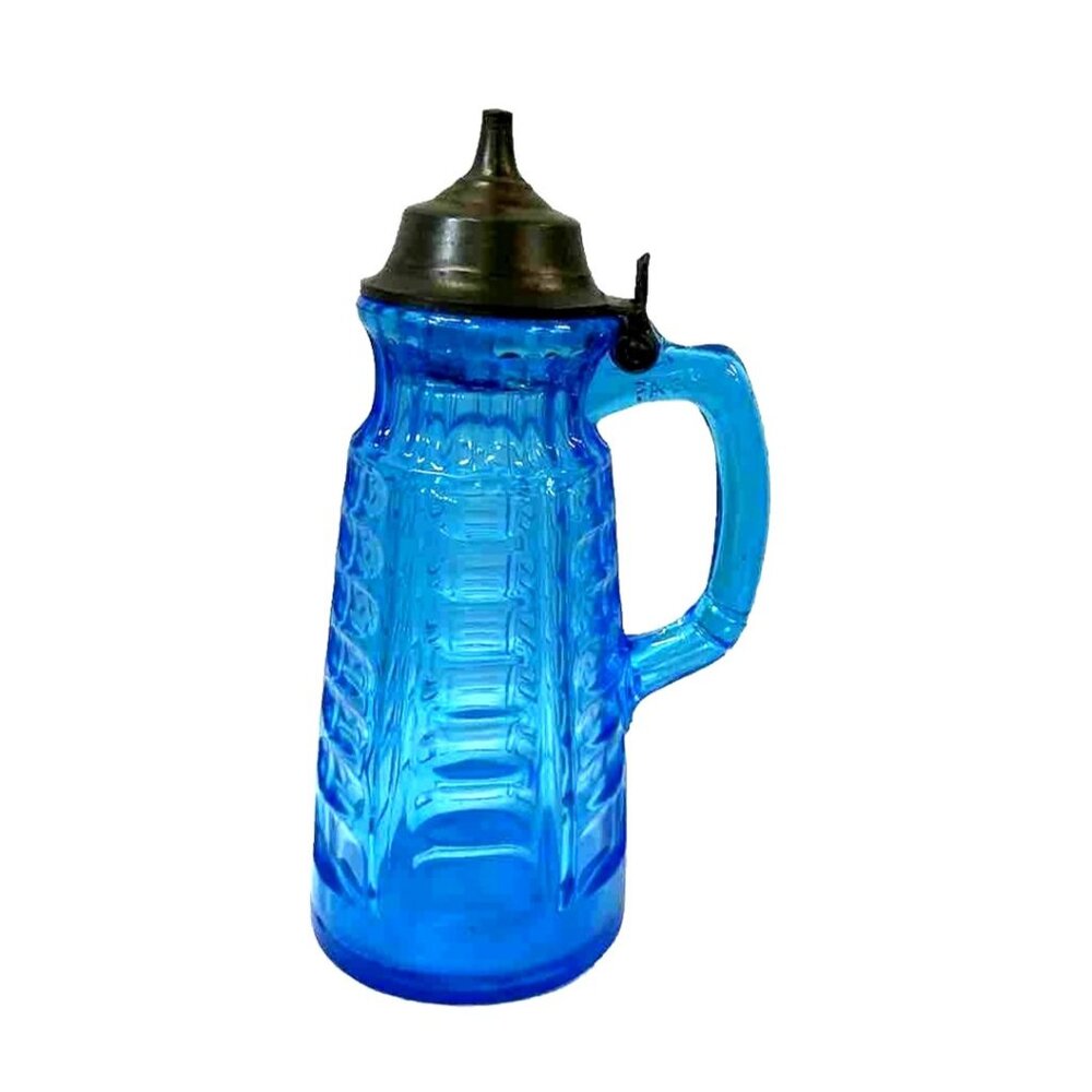 Antique Blue Glass Syrup Pitcher Rare Pattern 8.5" Gorgeous Color